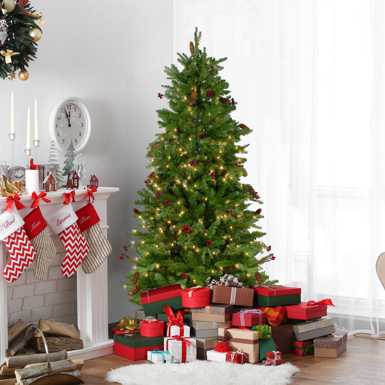 7.5ft. Pre-Lit Real Touch™️ Mixed Winter Berry Pine Artificial Christmas Tree, Clear Lights